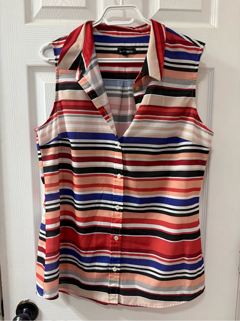 Le Château Multicolored Striped Sleeveless Button-Up Blouse.